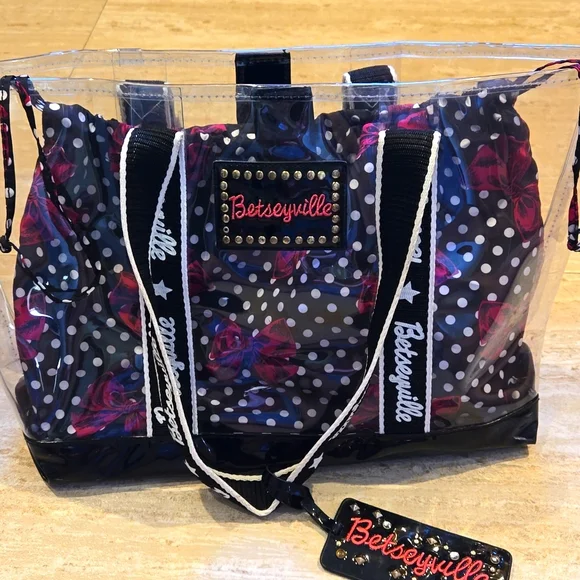 Betsey Johnson Betseyville Unique Clear Vinyl Tote with Removable Drawstring Bag - Picture 1 of 16